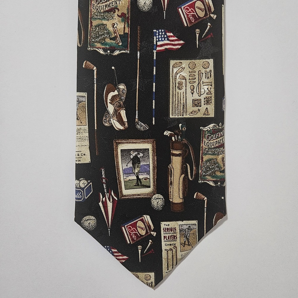 Haggar Black Label Mens Silk Tie Vintage Golf Equipment Motif Black Necktie